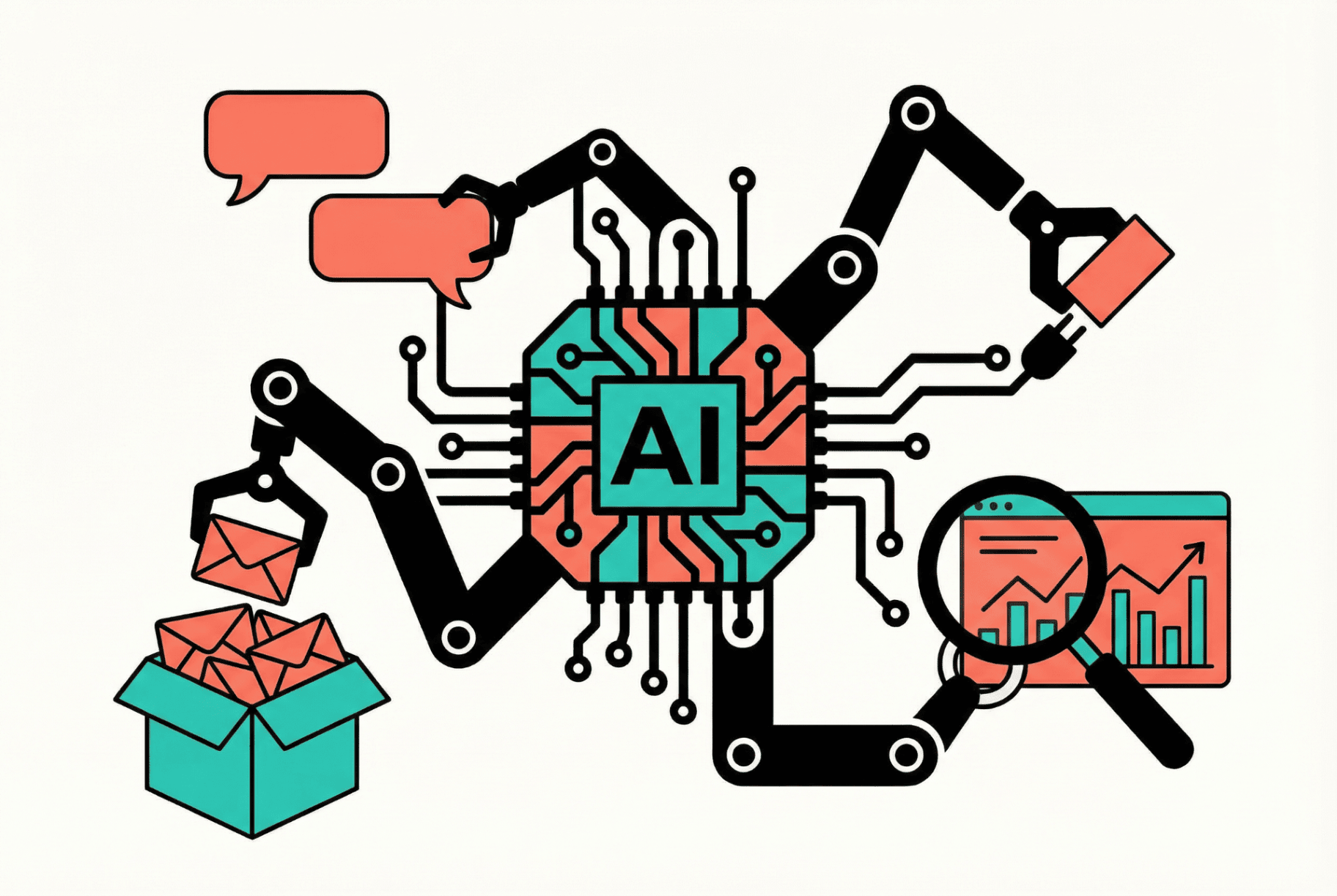Ilustración de automatización e IA conectando tareas y sistemas